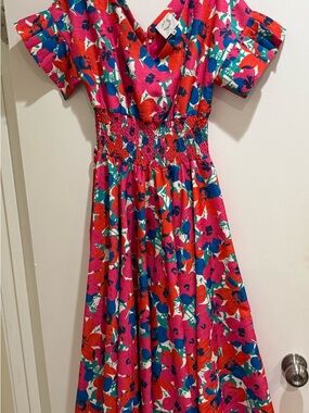 Bright Floral Midi Dress with Smocked Waist